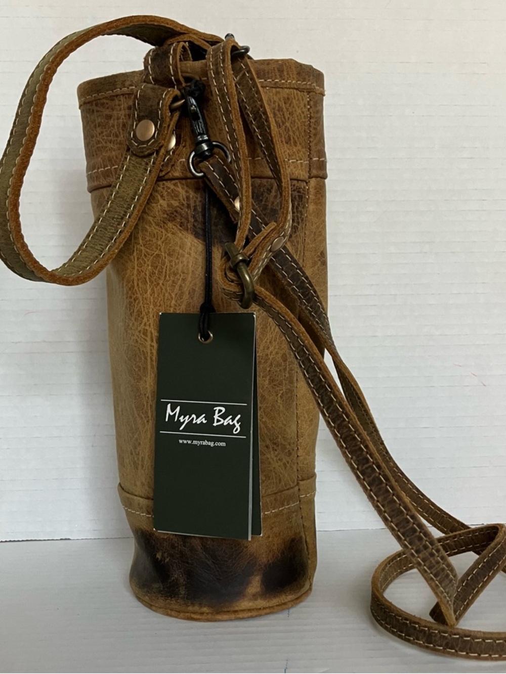 Myra Bag Wine‎ Bottle Tote Leather Strap Accent Tan Distressed New
